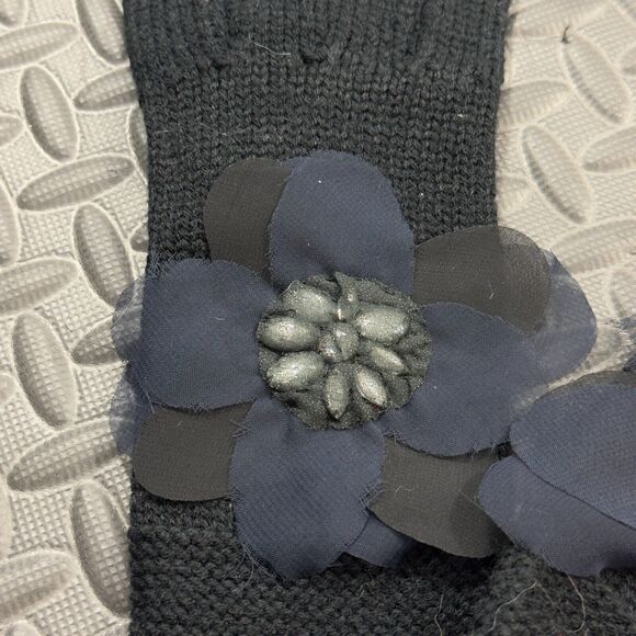 Womens Chunky Winter Warm Wool Knitted Gloves with Chiffon Flower Detail - Black - Picture 2 of 5